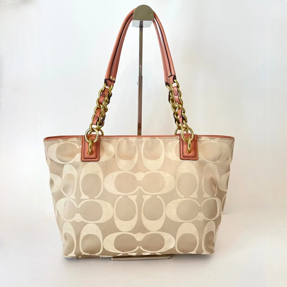 Coach Op Art Signature Canvas Sateen Madison Chain Strap Tote - Picture 2 of 11